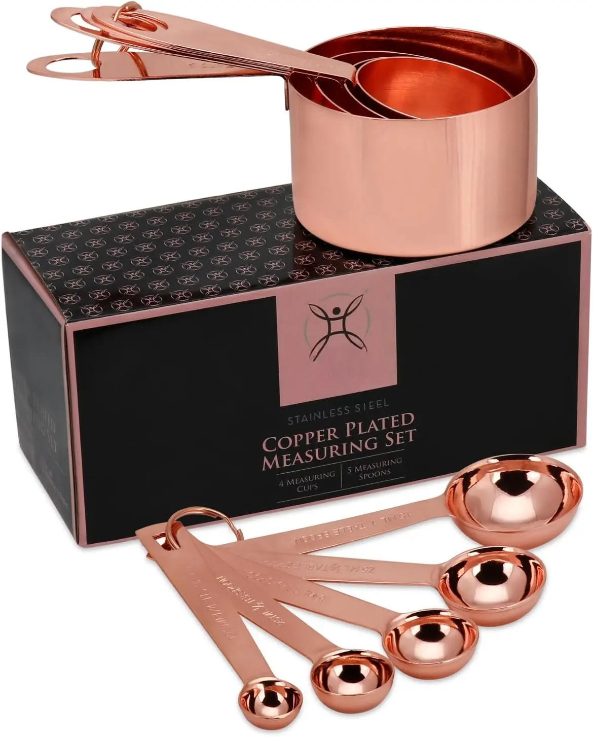 Copper Measuring Cups and Spoons Stainless Steel 9 count with 2 Rings