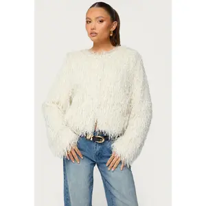 Aleandra Fringed Faux Feather Jacket