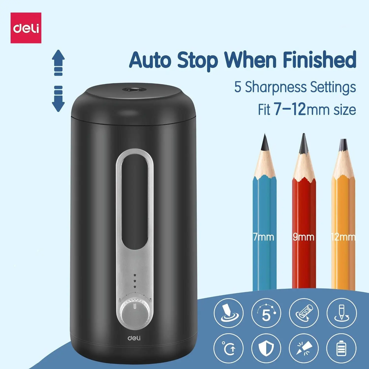 Halloween Gifts Deli Electric Pencil Sharpeners, 5 Sharpening Settings for 7-12Mm Pencils, Auto Stop, USB And Battery, Heavy Duty Sharpeners for Home And Office, Black