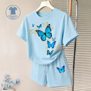 Women's Flowers And Butterflies Graphic Short Sleeve T-Shirt And Shorts Set, Casual Summer Two-Piece Outfit With Crew Neck Top And Drawstring Waist Shorts For Daily Wear