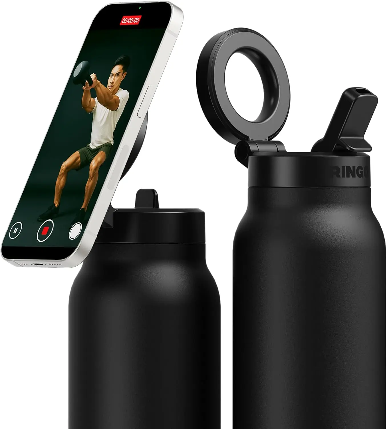 RINGO PRO Insulated Water Bottle, Magnetic Phone Tripod Mount, Black, 24 Oz | Stainless Steel Bottle, 360° Rotating Magnetic Mount, Magsafe Compatible, Leak-Proof Straw Lid, 24H Cold & 12H Hot Ringo