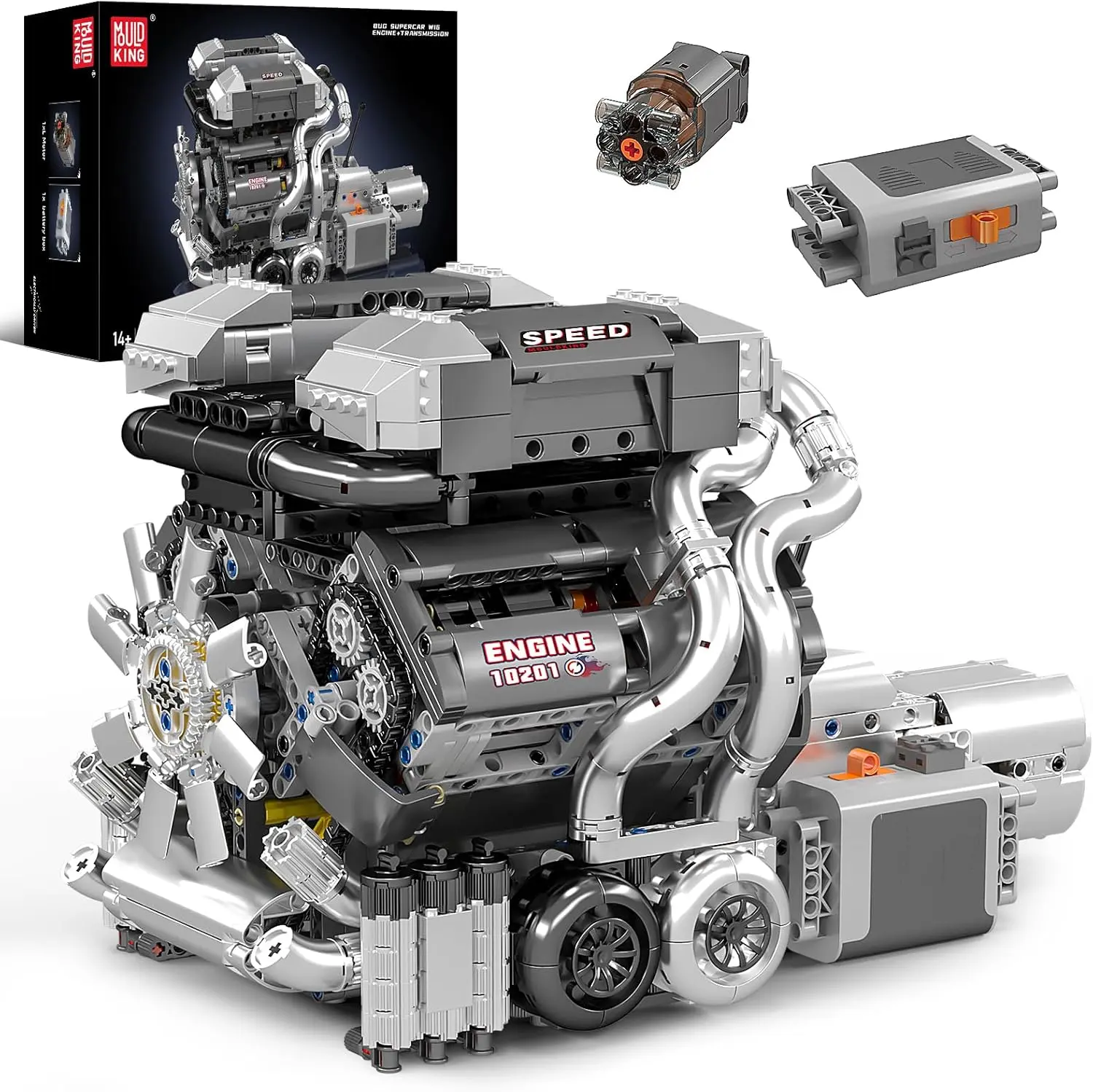 Mould King 10201 W16 Engine Building Kit - ABS & Carbon Fiber Bricks & Parts, 16-Cylinder Car Engine with Shiftable Gear Operation, MOC Supercar Model for 12+ Years & Adults, Back to School/Birthday Gift, 14.05 x 9.13 x 8.26 in, Requires 6 AAA Batteries