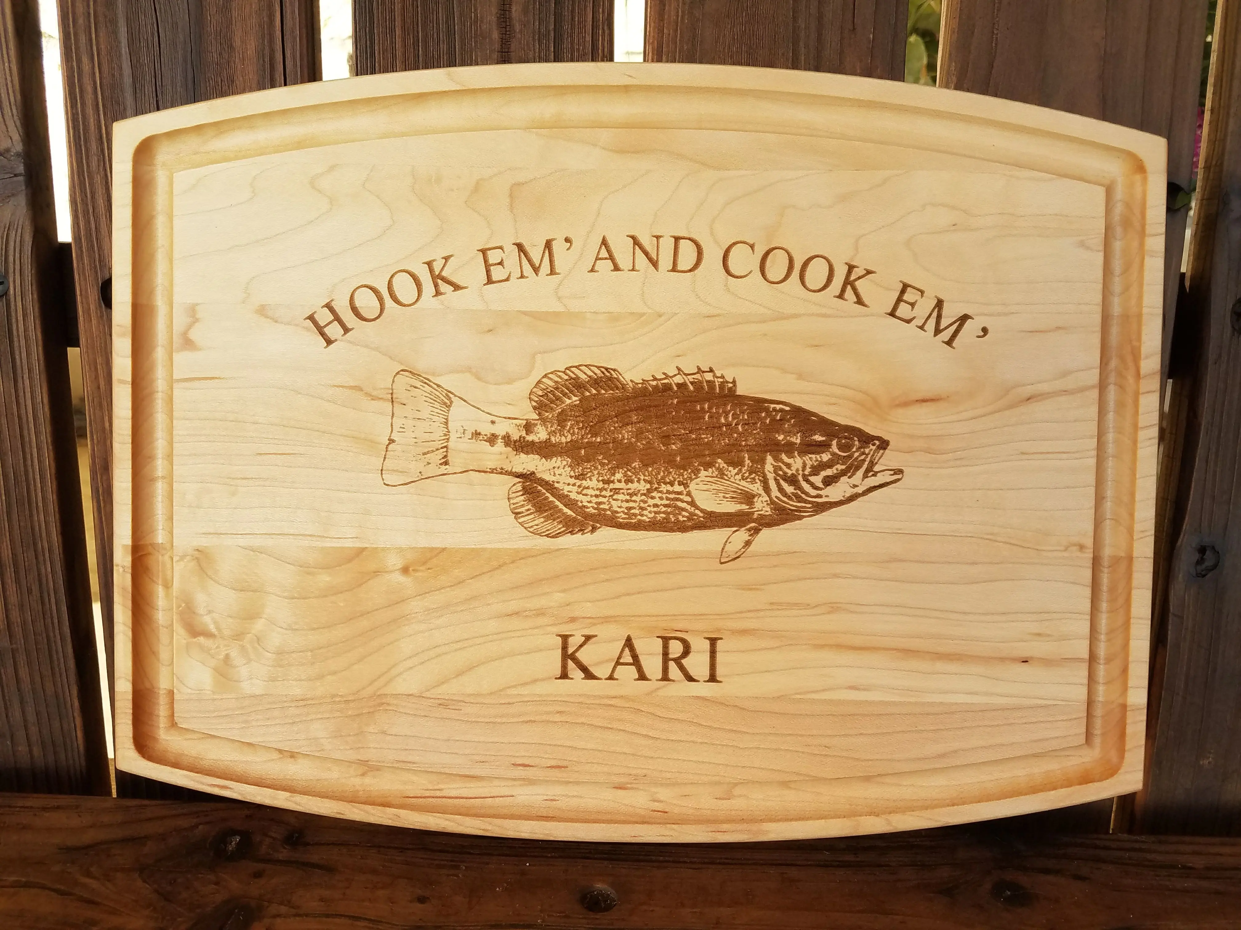 Fisherman Gift Personalized HOOK EM' and COOK EM' Bass Fishing - Personalized Cutting Board