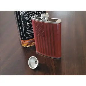 Genuine Leather Wrap 8 oz. Stainless Steel Hip Flask With Funnel US Flag Design Cover Drinkware