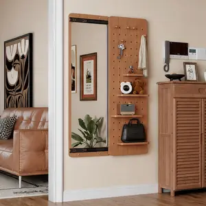 ARCH 47.6x15.5in Wall Mounted Full Length Mirror with Shelves, Push-Pull Panel Design, Rubber Wood Frame, Space Saving, for Bedroom Living Room Entryway, Cherry Color, Multiple Color Options, Cherry/Walnut/White Color Options, Artsy Style