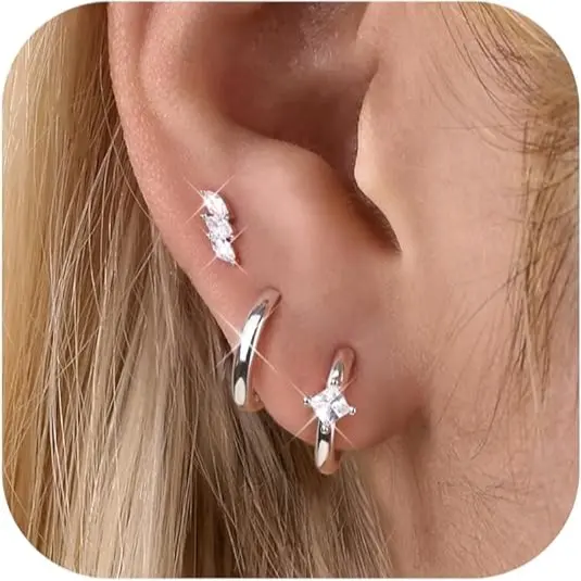 2 Pairs of Hoops + 1 Pair of CZ Leaf Studs