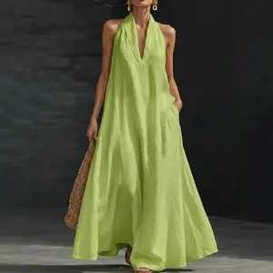 European and American new 2026 summer women's casual solid color V-neck dress