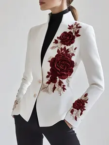 High-Quality Women's One-Piece Casual Elegant Chic Rose Embroidered Woven Blazer Jacket, Background Wine Roses, Loose Fit All Seasons Wearable Embroidery