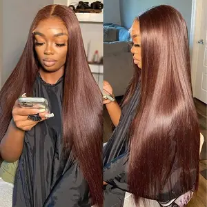 [CHOCOLATE BROWN STRAIGHT ]ALIGLOSSY 13×4 Chocolate Brown Straight Lace Front Wig Transparent Pre Colored Bone Straight Lace Frontal Human Hair Wigs Pre Plucked With Baby Hair For Women