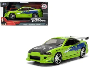 Brian's Mitsubishi Eclipse Green with Graphics (Damaged Version) "The Fast and the Furious" (2001) Movie "Fast & Furious" Series 1:32 Diecast Model Car by Jada