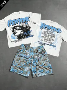 American Street Style Cartoon Graffiti Print T-Shirt + Camouflage Shorts Set, Unisex Casual Two-Piece, Loose-Fitting Fashion Streetwear