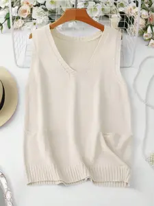 Plus Size Women's Elegant Simple Solid V Neck Fitted Sweater Vest with Front Pockets, Casual Sleeveless Knit Top for Everyday Comfort