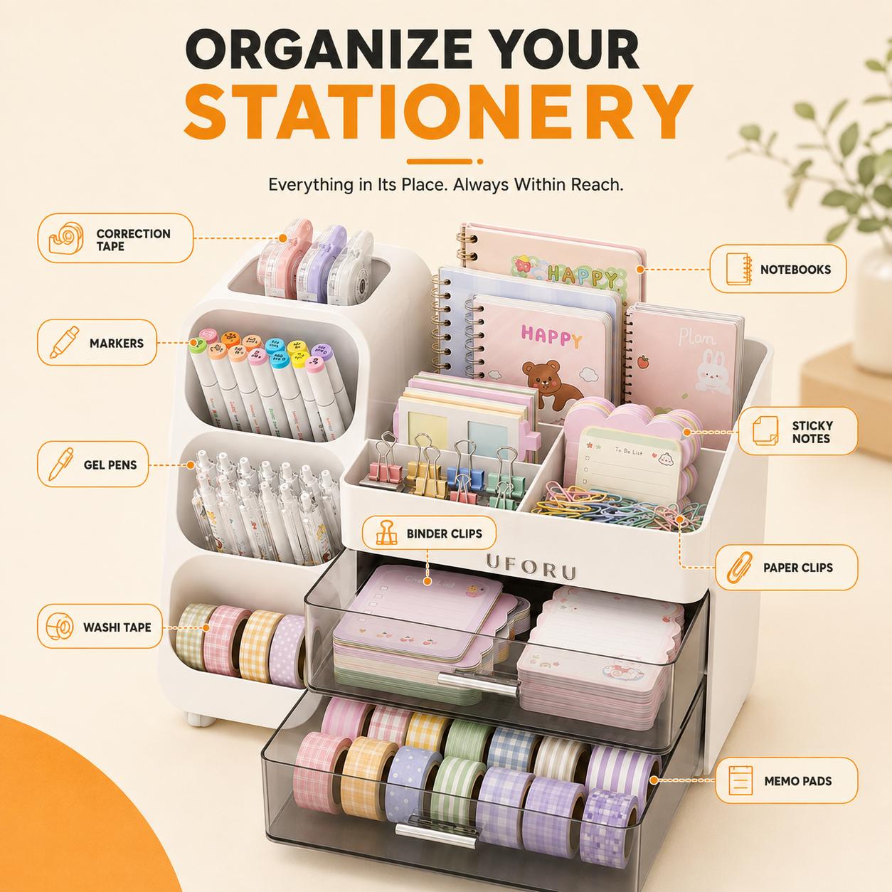 UFORU Desktop Organizer with Drawers - Large-Capacity Multi-Compartment Desk Storage Box for Pens, Markers, Notebooks, Sticky Notes, Office & School Supplies, Home Office Study Use