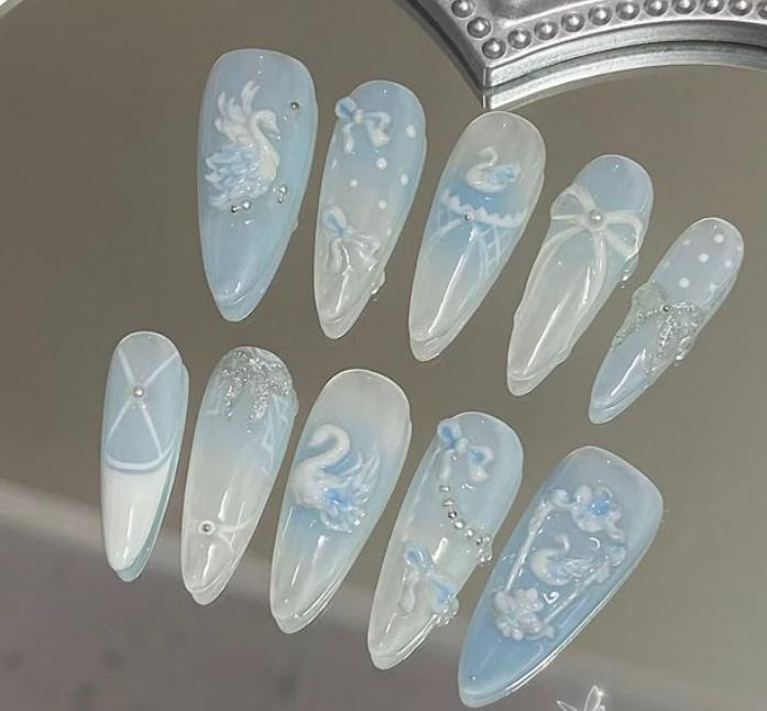 Blue Swan Press On Nails Long Stiletto/3D Bow & Ballet Swan Nails/Pearl Pastel Accent/Kawaii Elegant Handmade Nail Set Damontaerichmondnails