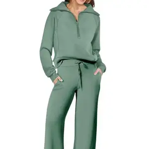 2025 Women's two Piece Outfits Casual Lapel Half Zip Sweatshirts And Wide Leg Pants Tracksuit Sets