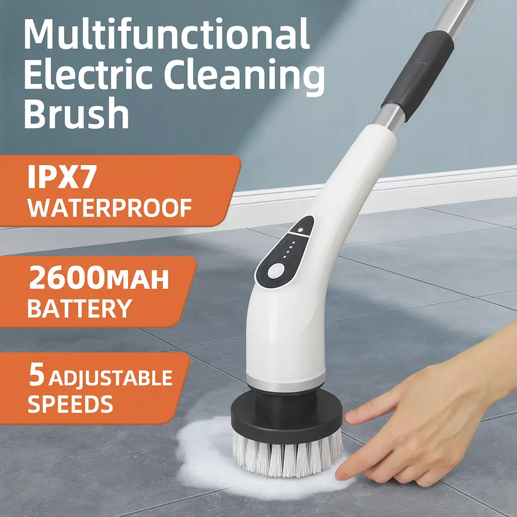 Multifunctional electric cleaning brush with 8 interchangeable heads, adjustable extendable handle, and 5 speed modes. Deep-cleans floors, tiles, grout, kitchens, bathrooms, and cars with a powerful motor, IPX7 waterproof design, and long-lasting battery.