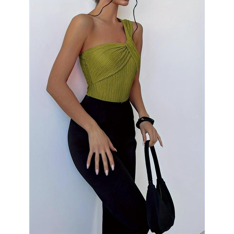 Elegance One Shoulder Twist Front Blouse, Lime Green - Sleeveless, Ribbed Knit, Women's Slim Fit Design - Ideal for Holidays and Parties, Machine Washable