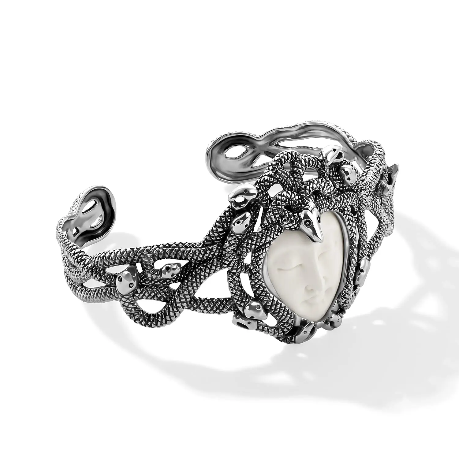 D''Joy Bali Goddess Carved Bone Bangle Bracelet in Sterling Silver (7.25 In)