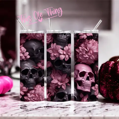 Reusable 20oz Pink 3D Floral Matte Skull Water Bottle with Multicolor Design