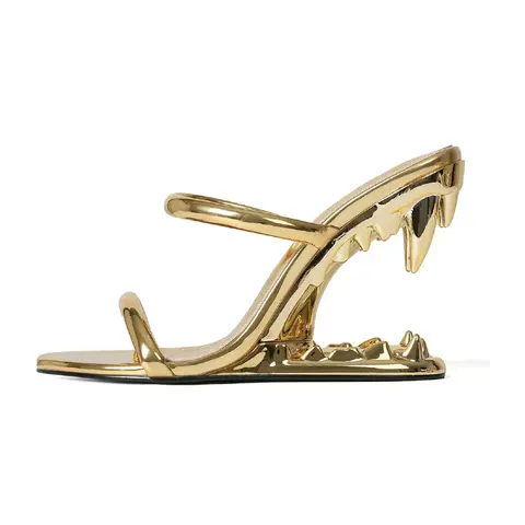 Women's Metallic Tooth-Heel Sandals - Open Toe Shoe with Strappy Gold Footwear Design, Open Toe Keeps Feet Cool and Airy, Heels for Women for Fashion Occasions