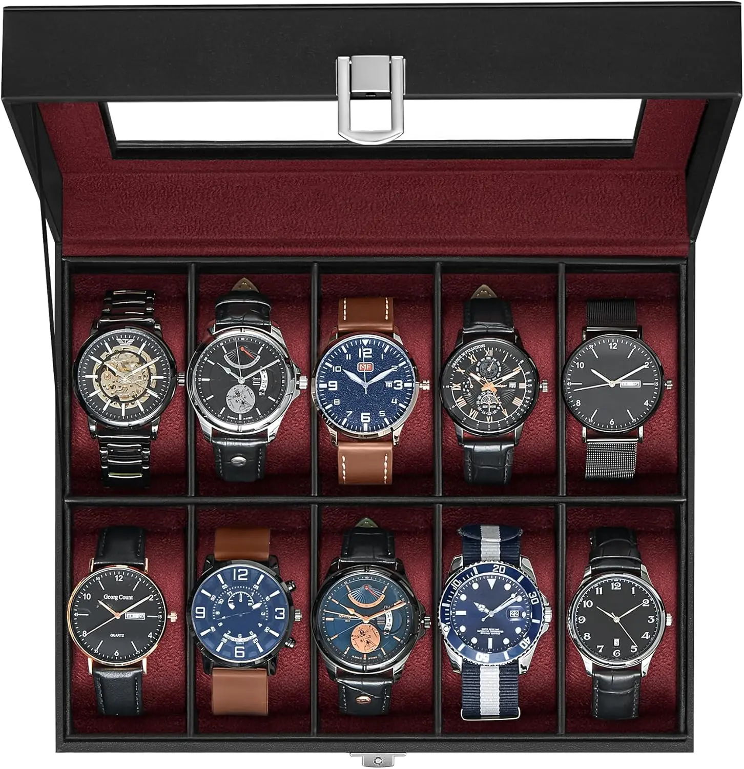 10-Slot Watch Storage Box with Glass Lid, Watch Organizer Case for Home and Travel