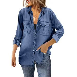 Imily Bela Womens Denim Jacket Shirt Casual Oversized Long Sleeve Button Down Shirts Loose Shacket Jean Top