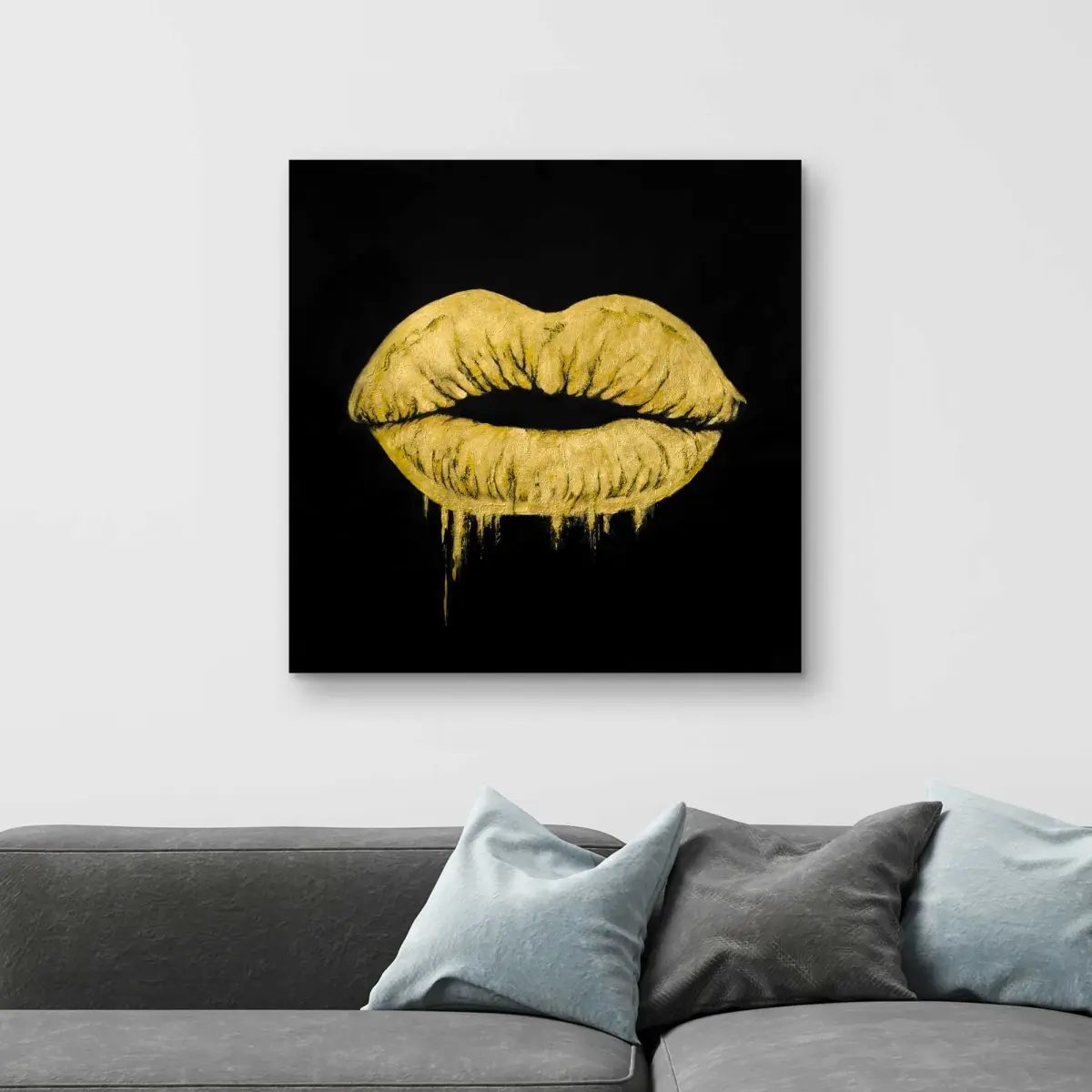 212 MAIN Golden Lips Artwork - 32x32 in. Gold Wall Print, Modern Art Decoration, Stylish Bedroom Statement Piece, Elegant Home Decor Gift with Elegance