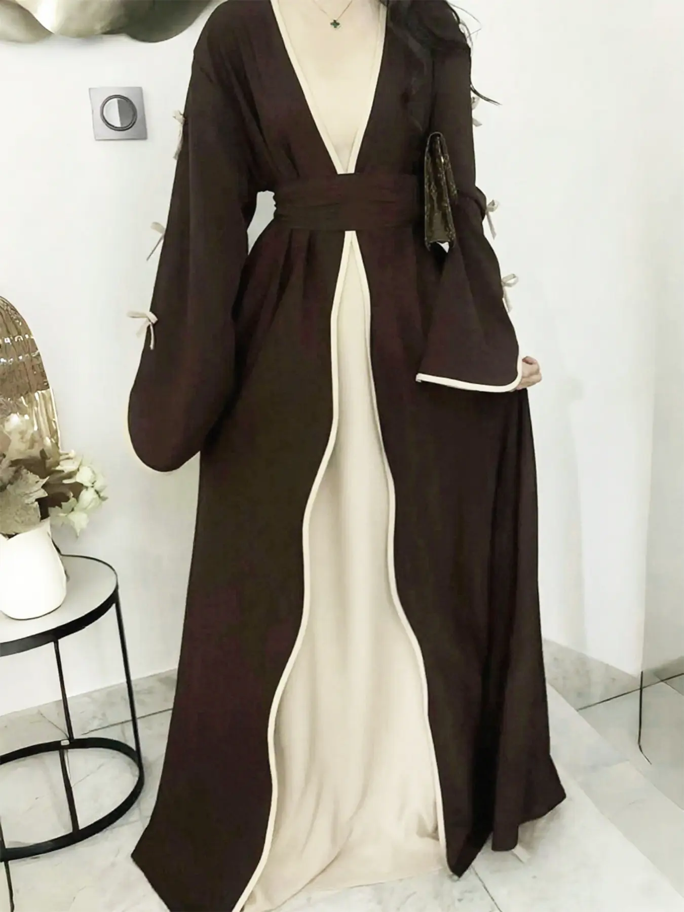 New Spring Fall Middle East Fashion Simple Bow Arab Long Dress, Modest Style Muslim Outfits, Modest Clothes, modesty muslim clothing, Islamic Clothing, Muslim Women Gowns, Pure Color Casual Soft Comfortable Coat & Waist Belt, Daily