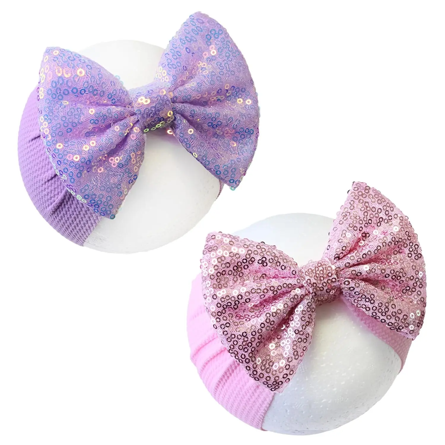 X-HDW05   Hairband, 7" Sequin Bow Baby Headbands - Purple & Pink, Elastic Wide Hairbands for Baby Girls Newborn and Infant Hair Accessories Gift, One Size Fits All, Soft, 1 Set of 2 Pieces