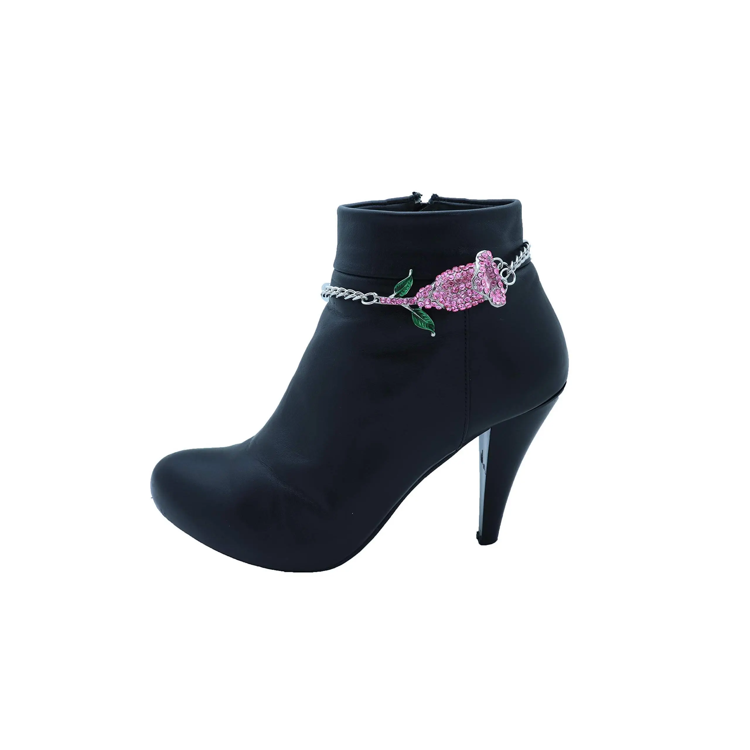 TFJ Women Boot Bracelet Western Fashion Jewelry Silver Metal Chain Fancy Pink Flower Shoe Charm