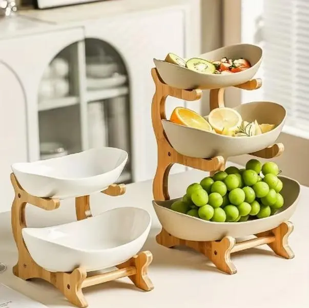 Kitchen Life House Plastic Fruit Bowl with Bamboo Wood Stand for Kitchen Counter Fruit Basket for Vegetable Storage Snack Dessert Cake Tray Plate Rack for Party Wedding Double Tiers Adjustable Standing Shelf Decor Organiser Wooden snack plate snack plates