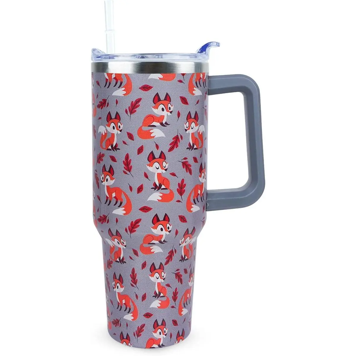 Women's 40oz Cute Fox Double Wall Stainless Steel Insulated Tumbler - Portable Coffee Mug with Handle, Lid, Straw, Outdoor Travel Water Bottle, Kitchenware, Drinkware with Insulation for Birthday Gift