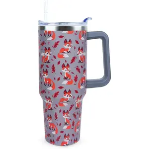 40 oz Cute Fox Tumbler with Handle and Straw, Stainless Steel Insulated Cup with Lid and Straw, Travel Mug Water Bottle, Gifts for Women