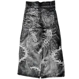 90s Gothic Centipede 3D Print Washed Oversized Wide-Leg Pants Jeans Men Y2K New Harajuku Punk Hip-Hop Rock Couple Street Wear
