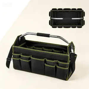 Heavy Duty Wide Mouth Tool Tote Bag, Foldable Open Top Tool Carrier With Handle, Multiple Pockets For Electrician And Handyman, Green Portable Tool Organizer, Durable Storage For Many Tools