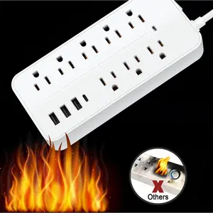 White US Power Strip Surge Protector, 8 AC Outlets 3 USB+Type C Port, 4 FT Cable