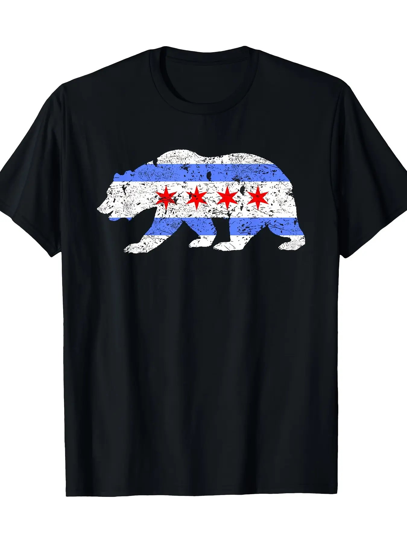 Men's Classic Chicago Flag Bear Graphic T-Shirt - Classic Fit, 220g Heavyweight Soft Cotton, Round Neck, Short Sleeve, All Seasons Casual Top, Sizes 2XL-5XL, 3XL, 4XL