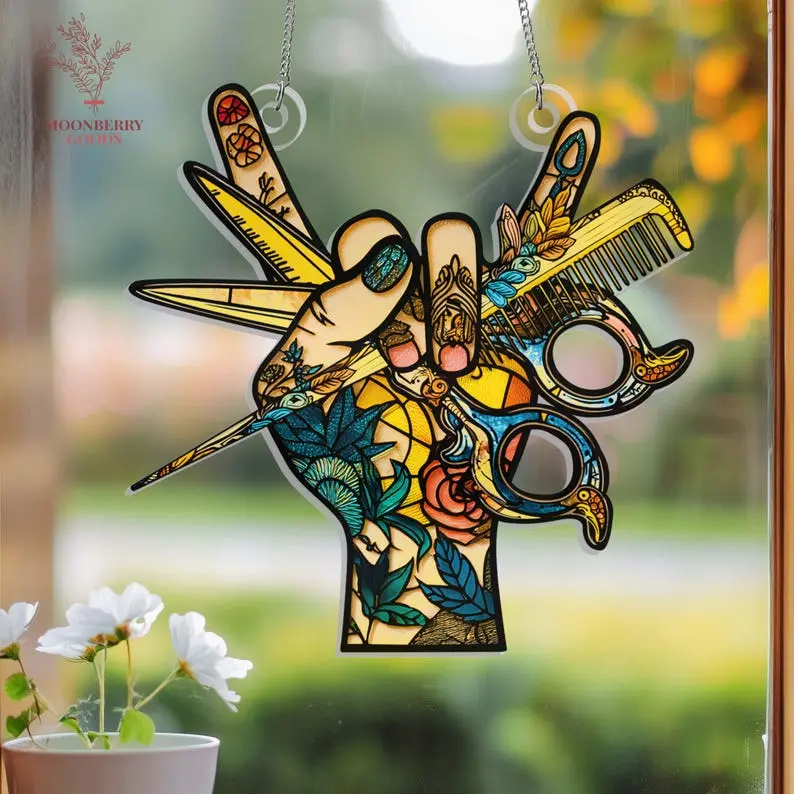 Hairstylist ACRYLIC Suncatcher Window Hanging, Hair Salon Suncatcher Ornament,Hair Tool Decor Gift for Hairstylist Mom, Gift for Hairdresser
