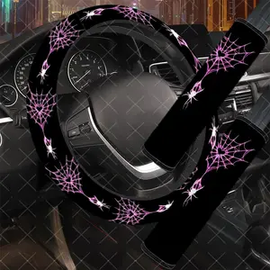 3Pcs/Set Neon Spider Web Car Interior Set, Edgy Style, Includes Steering Wheel Cover, Car Seat Belt Cover, No Inner Ring, Vehicle Interior Upgrade, Durable Material, Multi-Part Set, For Women, Car Enthusiasts, Gift For Drivers, Car Interior Accessory