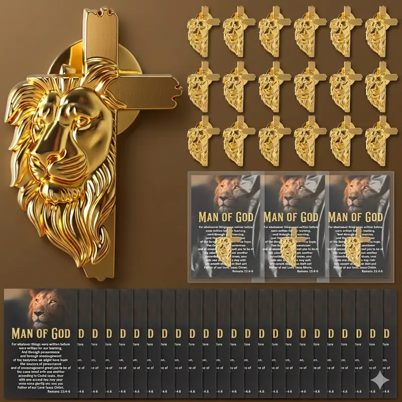 Lion Cross Brooch Pins (Multi-Size 18/20/36/40 Sets) with Man of God Card, Christian Father’s Day/Memorial Day Gifts for Men, Cross Motif Everyday Wear Accessories for Bags, Hats, Jeans, Backpacks, Secure Clasp Hold