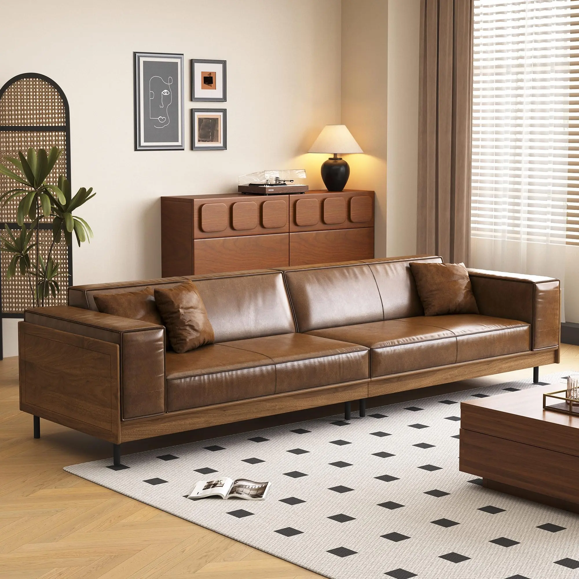 Mid-Century Modern Leather Sofa 111.81" with Wooden Accents on Sides & Back, Spacious 3 - Seat Couch for Living Room, Bedroom or Lounge Space, Brown