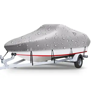 Heavy Duty 420D Oxford Cloth Boat Cover with Storage Bag, Waterproof Sun Resistant Trailerable Marine Boat Cover Fits V-Hull Tri-Hull Boat, Runabout, Fish & Ski Boat Grey 530x290cm