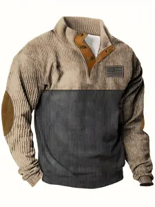 Men's Colorblock Pattern Patched Button Front Half Placket Pullover, Regular Fit Casual Long Sleeve Collared Sweatshirt for Spring & Fall, Casual Sweatshirts