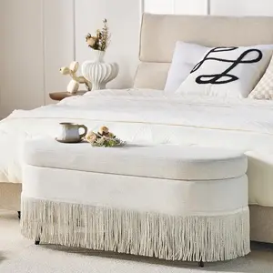 Upholstered Storage Ottoman Bench, Oval with Fringe Trim & Lift-Top Lid, 39" Beige Fabric Footrest with Hidden Storage, Metal Frame, for Living Room, Bedroom, Entryway