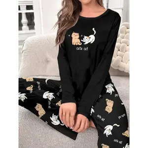 Cute Cat Print Long Sleeve Pajama Set for Women, Polyester Knit Fabric with Elastane, Crew Neck, Cartoon Pattern, Cozy Loungewear for Spring/Fall
