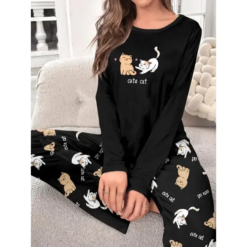 Cute Cat Print Long Sleeve Pajama Set for Women, Polyester Knit Fabric with Elastane, Crew Neck, Cartoon Pattern, Cozy Loungewear for Spring/Fall Cute Cat Print Long Sleeve Pajama Set for Women, Polyester Knit Fabric with Elastane, Crew Neck, Cartoon Pattern, Cozy Loungewear for Spring/Fall