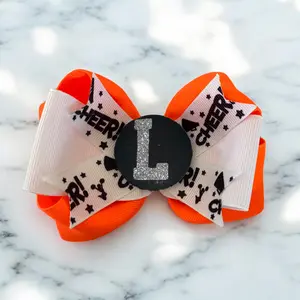 Orange White Black Cheer Hair Bow Clip with Glitter Initial for Girls, Choose Colors, Ribbon Ponytail Holde