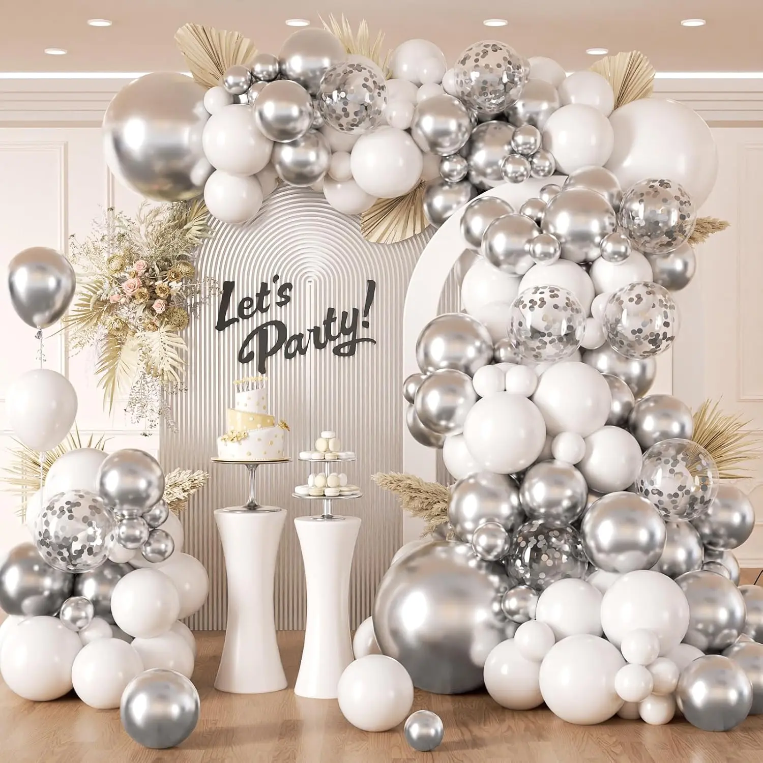 132pcs Silver and White Balloon Arch Kit, Metallic Silver and White Balloons Different Sizes of 18 12 10 Inch Balloons for Wedding Anniversary Shower Graduation Birthday Party Decoration