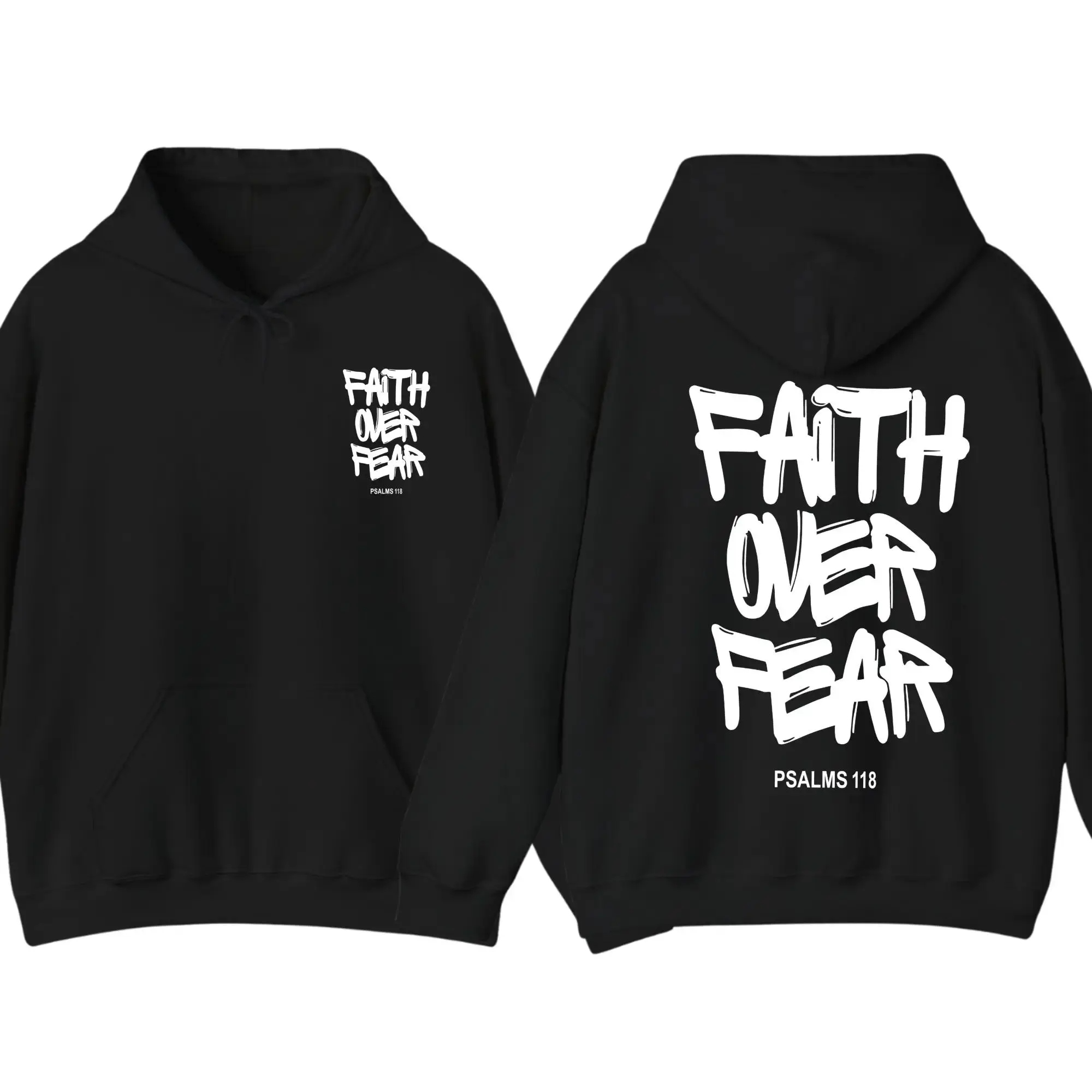 Men's Women's 2-Sided Faith Over Fear Christian Hoodie - Psalms 118 Bible Verse Graphic Pullover, Smooth Fabric Sweatshirts, Everyday Religious Casual Streetwear Apparel, Lightweight