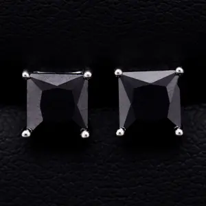 Square Cut Black Stud Earrings - 925 Silver